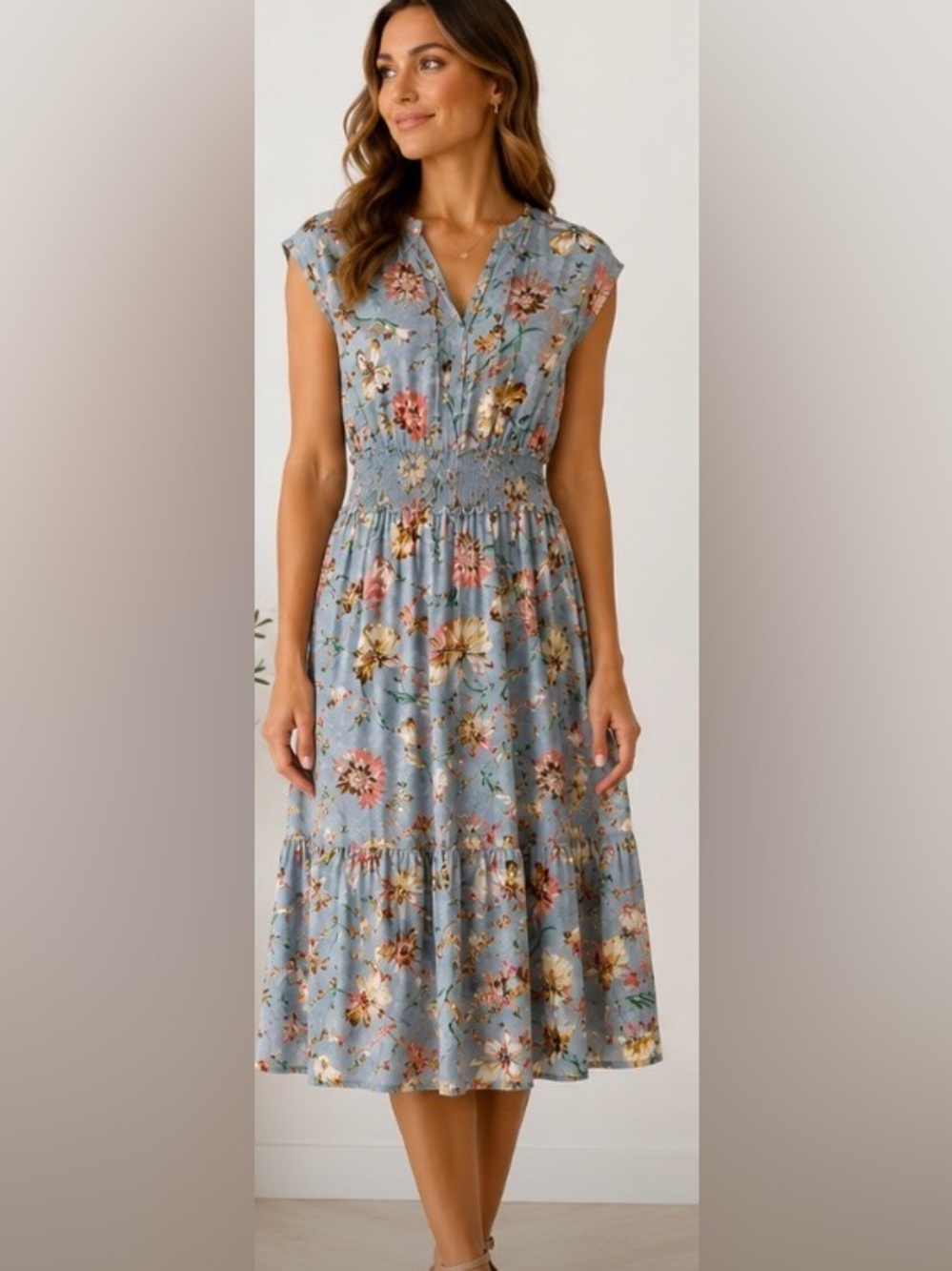 Brand New without tag
Ariella Smocked Floral Maxi midi Dress in Dusty Blue.